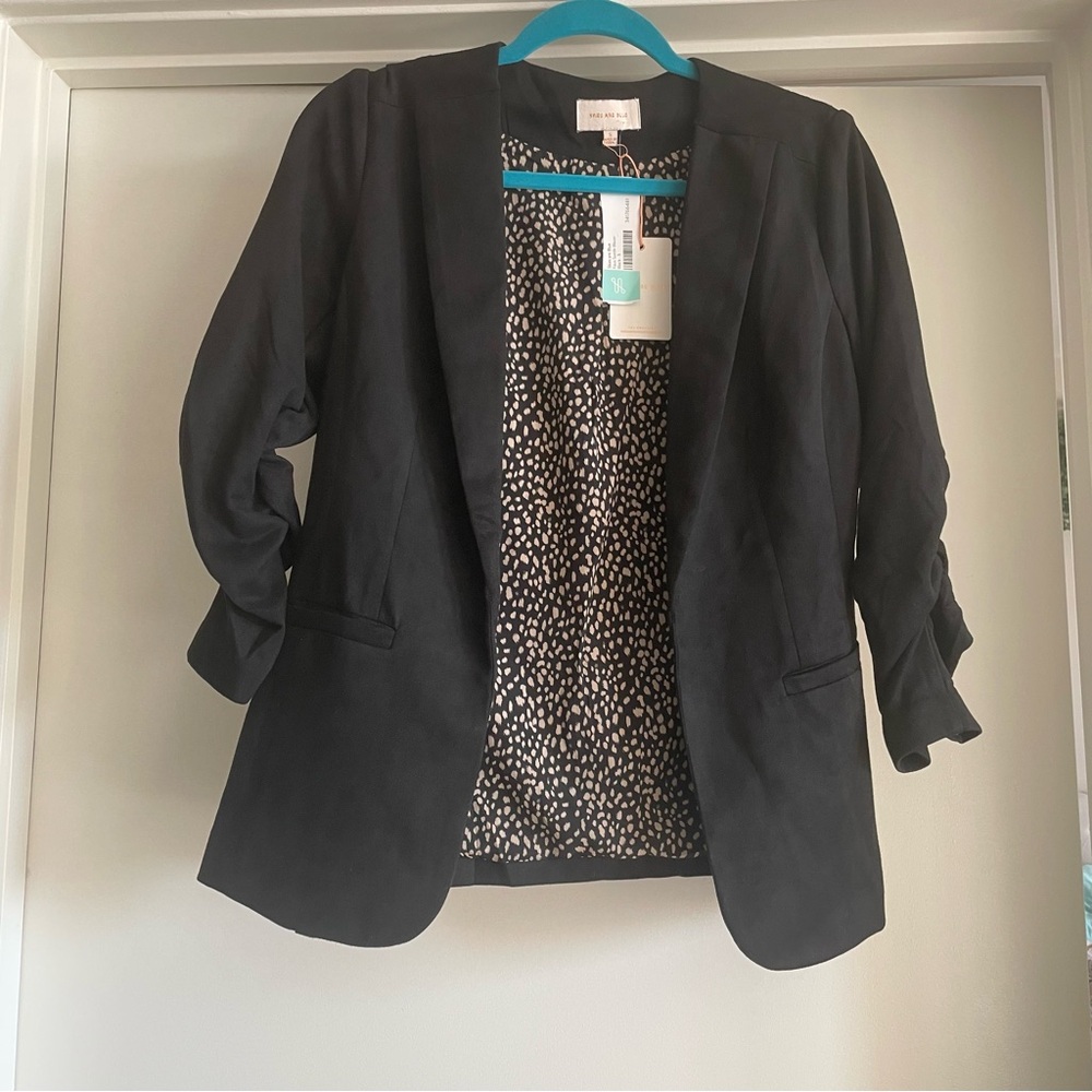 Skies Are Blue Faux Suede Blazer, Black, Small, 3/4 Sleeves Cheetah Print NYT